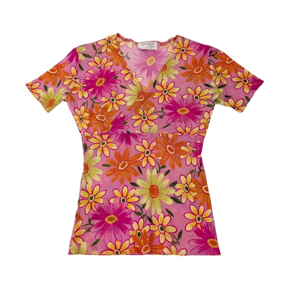 Vintage Tops - Free With Purchase - Floral Mesh T-Shirt Short Sleeve Sheer V-Neck Fitted Tight